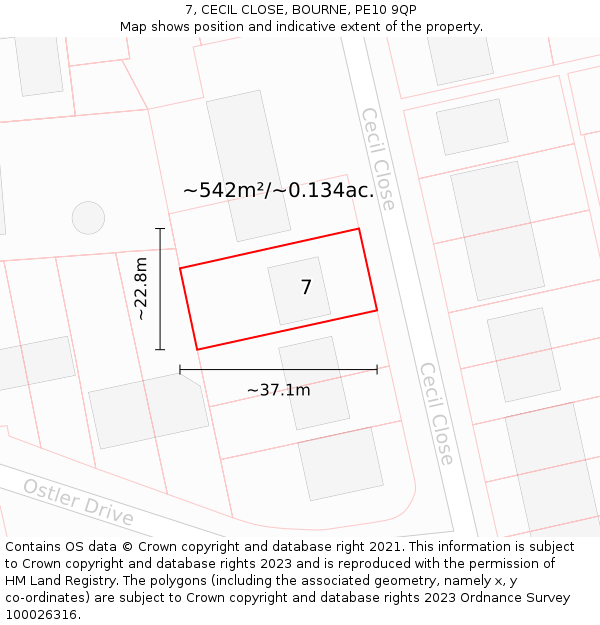 7, CECIL CLOSE, BOURNE, PE10 9QP: Plot and title map