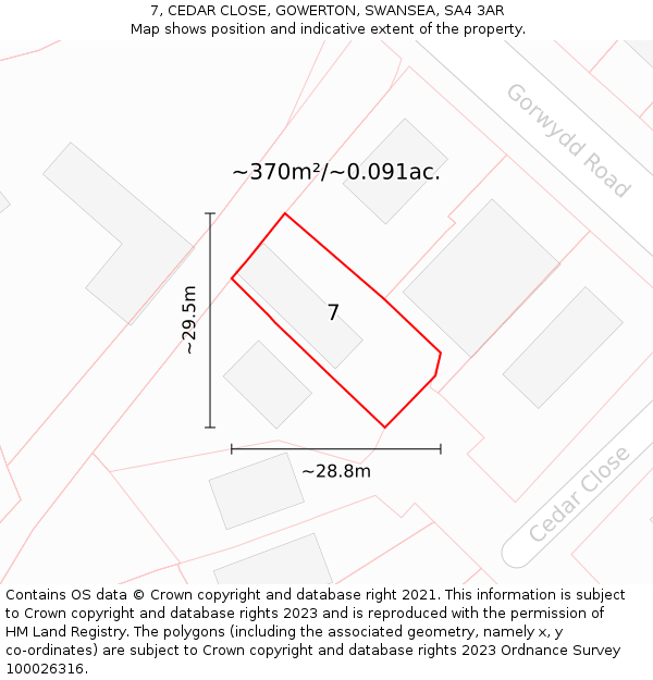 7, CEDAR CLOSE, GOWERTON, SWANSEA, SA4 3AR: Plot and title map