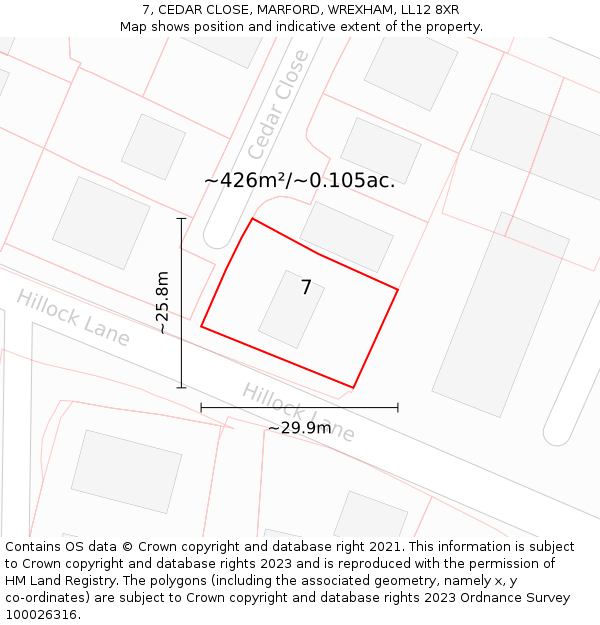 7, CEDAR CLOSE, MARFORD, WREXHAM, LL12 8XR: Plot and title map