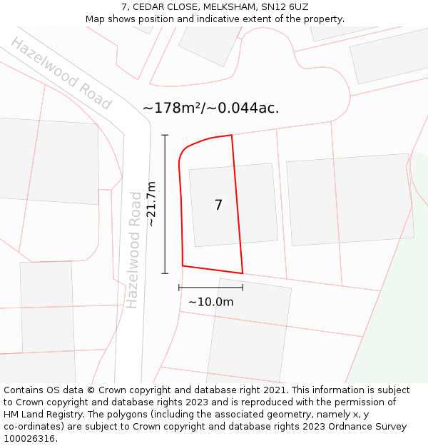 7, CEDAR CLOSE, MELKSHAM, SN12 6UZ: Plot and title map