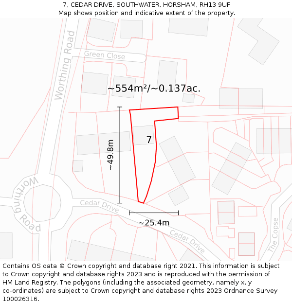 7, CEDAR DRIVE, SOUTHWATER, HORSHAM, RH13 9UF: Plot and title map