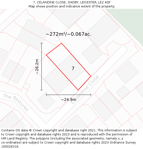 7, CELANDINE CLOSE, OADBY, LEICESTER, LE2 4QF: Plot and title map