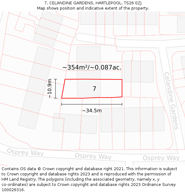 7, CELANDINE GARDENS, HARTLEPOOL, TS26 0ZJ: Plot and title map