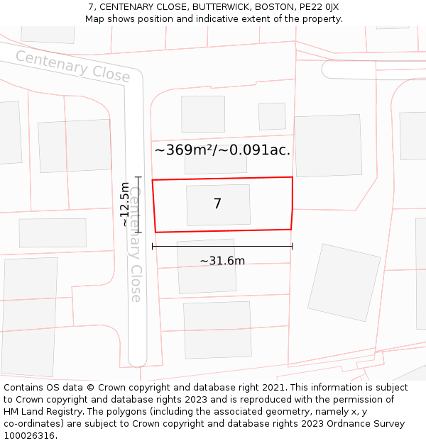 7, CENTENARY CLOSE, BUTTERWICK, BOSTON, PE22 0JX: Plot and title map