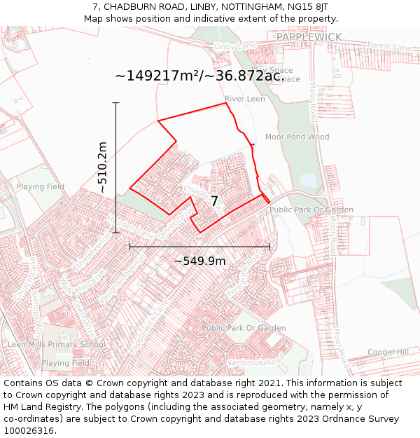 7, CHADBURN ROAD, LINBY, NOTTINGHAM, NG15 8JT: Plot and title map