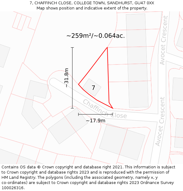7, CHAFFINCH CLOSE, COLLEGE TOWN, SANDHURST, GU47 0XX: Plot and title map