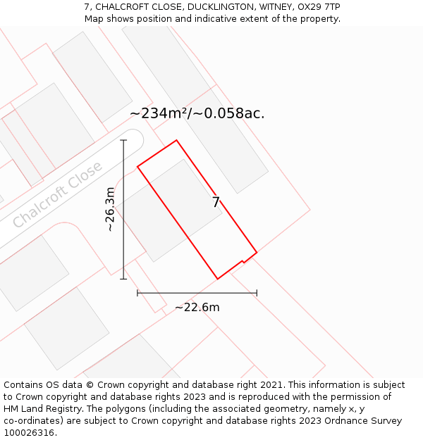 7, CHALCROFT CLOSE, DUCKLINGTON, WITNEY, OX29 7TP: Plot and title map