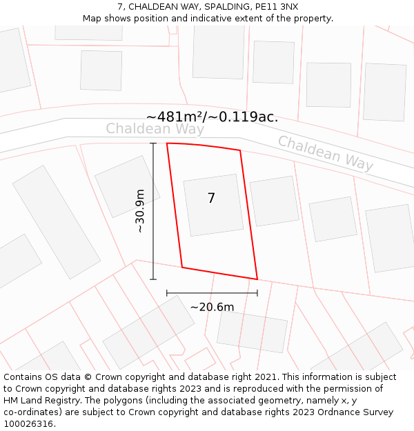 7, CHALDEAN WAY, SPALDING, PE11 3NX: Plot and title map