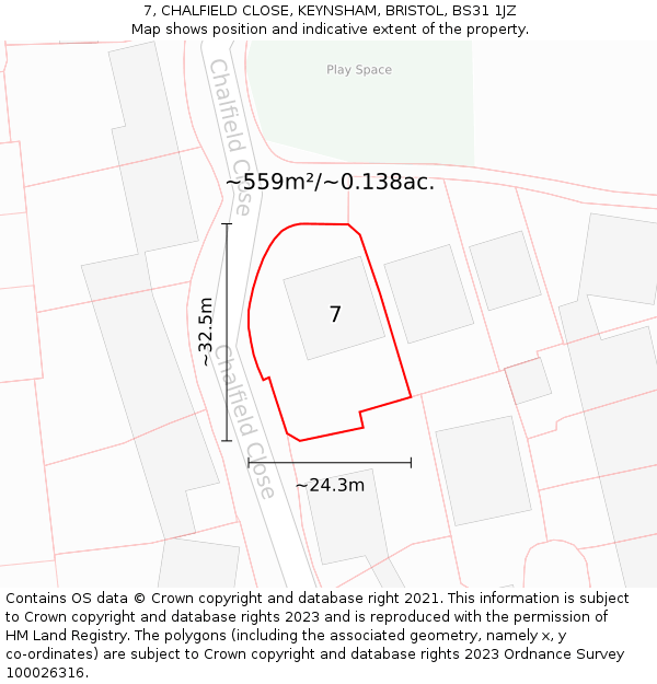 7, CHALFIELD CLOSE, KEYNSHAM, BRISTOL, BS31 1JZ: Plot and title map