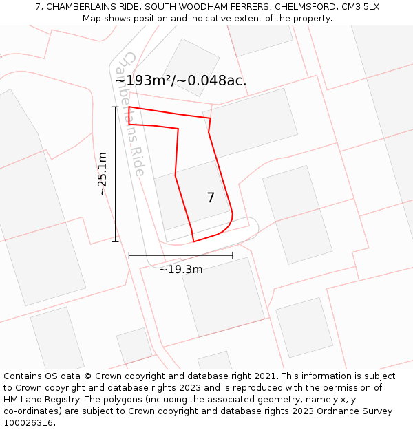 7, CHAMBERLAINS RIDE, SOUTH WOODHAM FERRERS, CHELMSFORD, CM3 5LX: Plot and title map