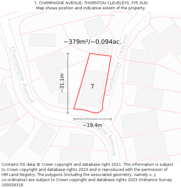 7, CHAMPAGNE AVENUE, THORNTON-CLEVELEYS, FY5 3UD: Plot and title map