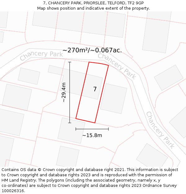 7, CHANCERY PARK, PRIORSLEE, TELFORD, TF2 9GP: Plot and title map