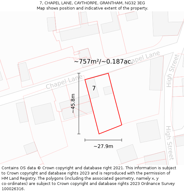 7, CHAPEL LANE, CAYTHORPE, GRANTHAM, NG32 3EG: Plot and title map