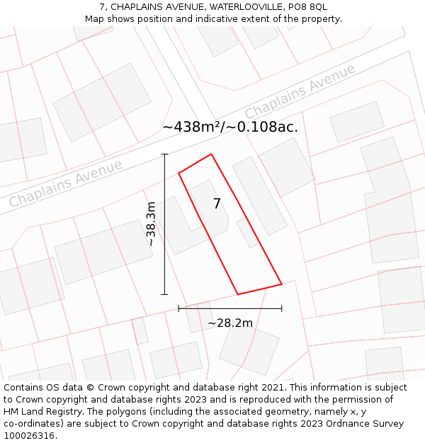 7, CHAPLAINS AVENUE, WATERLOOVILLE, PO8 8QL: Plot and title map