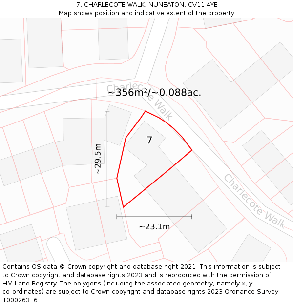 7, CHARLECOTE WALK, NUNEATON, CV11 4YE: Plot and title map