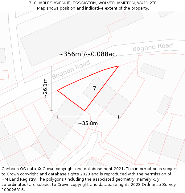 7, CHARLES AVENUE, ESSINGTON, WOLVERHAMPTON, WV11 2TE: Plot and title map