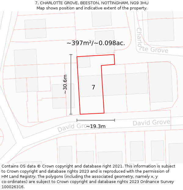 7, CHARLOTTE GROVE, BEESTON, NOTTINGHAM, NG9 3HU: Plot and title map