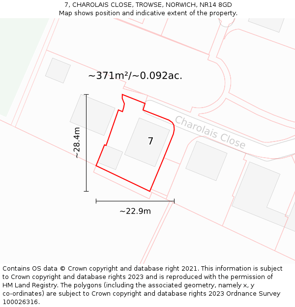 7, CHAROLAIS CLOSE, TROWSE, NORWICH, NR14 8GD: Plot and title map