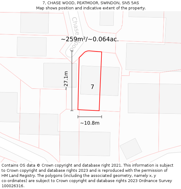 7, CHASE WOOD, PEATMOOR, SWINDON, SN5 5AS: Plot and title map