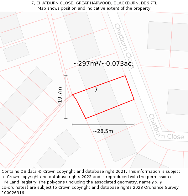 7, CHATBURN CLOSE, GREAT HARWOOD, BLACKBURN, BB6 7TL: Plot and title map