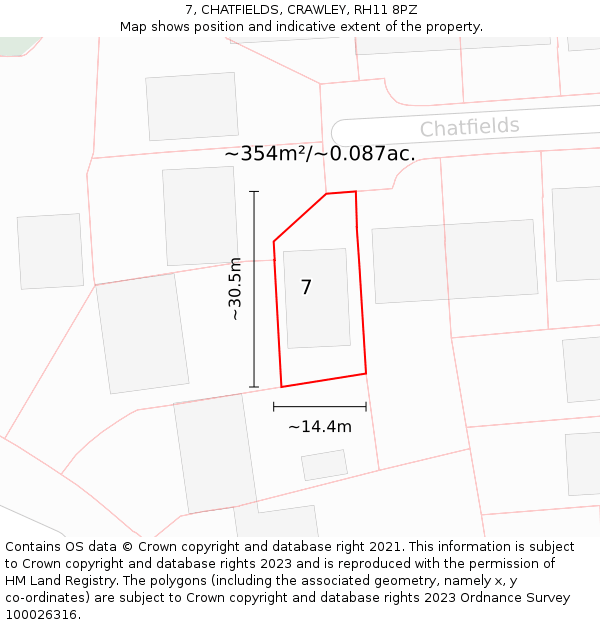 7, CHATFIELDS, CRAWLEY, RH11 8PZ: Plot and title map