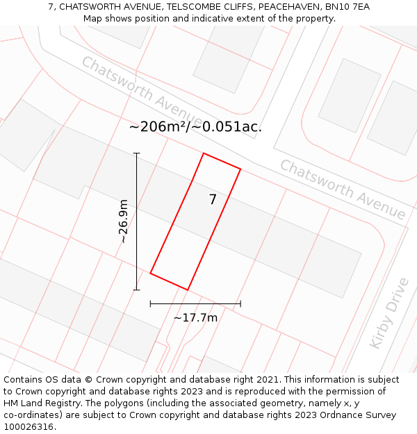 7, CHATSWORTH AVENUE, TELSCOMBE CLIFFS, PEACEHAVEN, BN10 7EA: Plot and title map