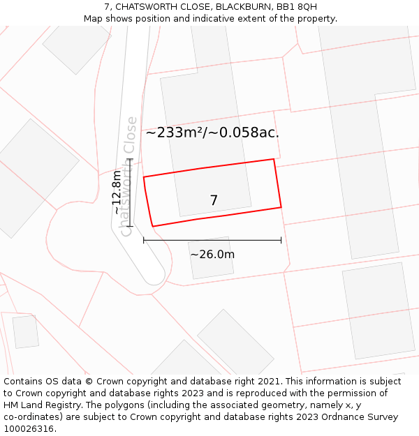 7, CHATSWORTH CLOSE, BLACKBURN, BB1 8QH: Plot and title map