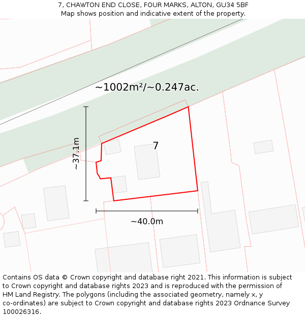7, CHAWTON END CLOSE, FOUR MARKS, ALTON, GU34 5BF: Plot and title map