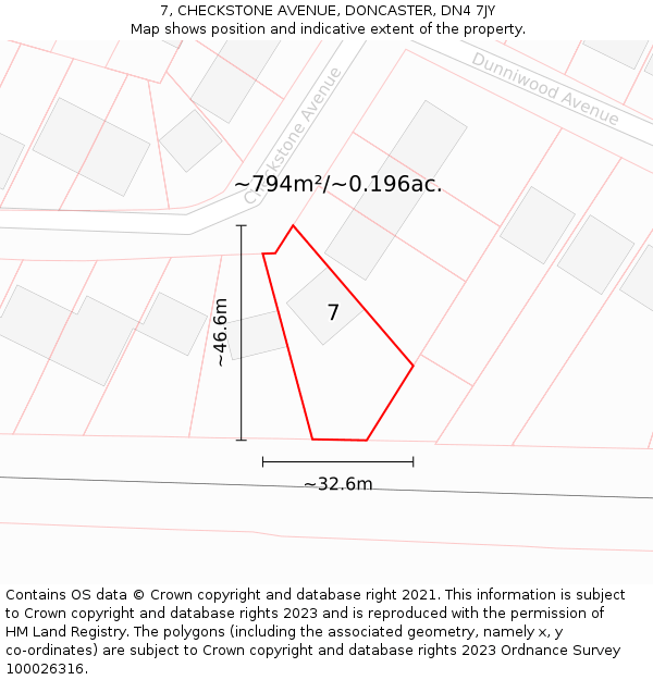 7, CHECKSTONE AVENUE, DONCASTER, DN4 7JY: Plot and title map