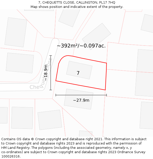 7, CHEQUETTS CLOSE, CALLINGTON, PL17 7HQ: Plot and title map