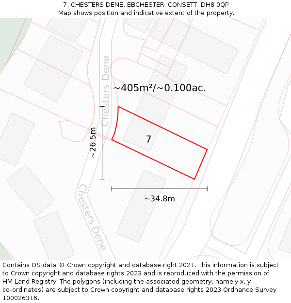 7, CHESTERS DENE, EBCHESTER, CONSETT, DH8 0QP: Plot and title map