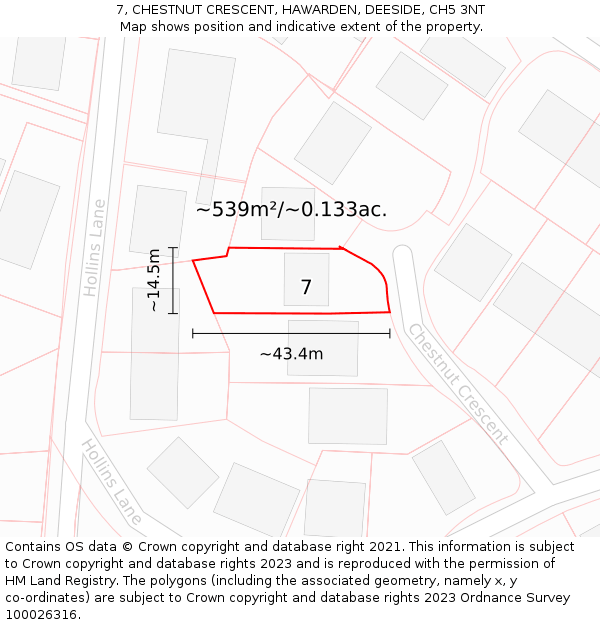 7, CHESTNUT CRESCENT, HAWARDEN, DEESIDE, CH5 3NT: Plot and title map