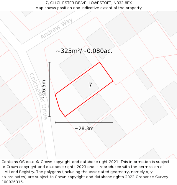 7, CHICHESTER DRIVE, LOWESTOFT, NR33 8PX: Plot and title map