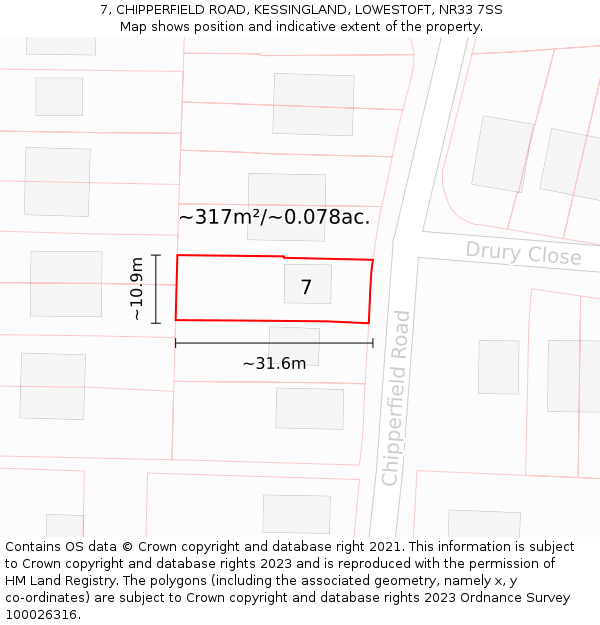 7, CHIPPERFIELD ROAD, KESSINGLAND, LOWESTOFT, NR33 7SS: Plot and title map