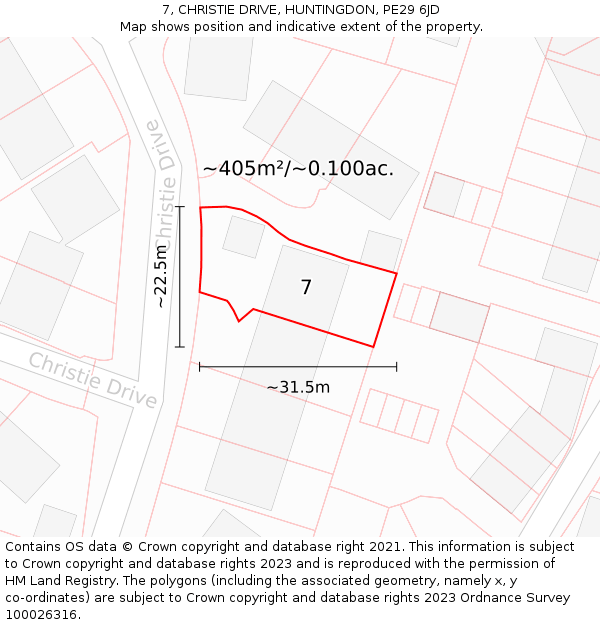 7, CHRISTIE DRIVE, HUNTINGDON, PE29 6JD: Plot and title map