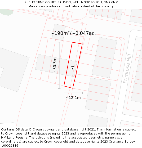 7, CHRISTINE COURT, RAUNDS, WELLINGBOROUGH, NN9 6NZ: Plot and title map