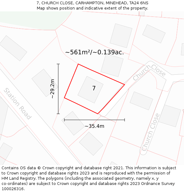 7, CHURCH CLOSE, CARHAMPTON, MINEHEAD, TA24 6NS: Plot and title map