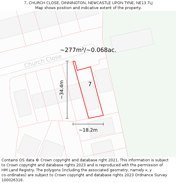 7, CHURCH CLOSE, DINNINGTON, NEWCASTLE UPON TYNE, NE13 7LJ: Plot and title map