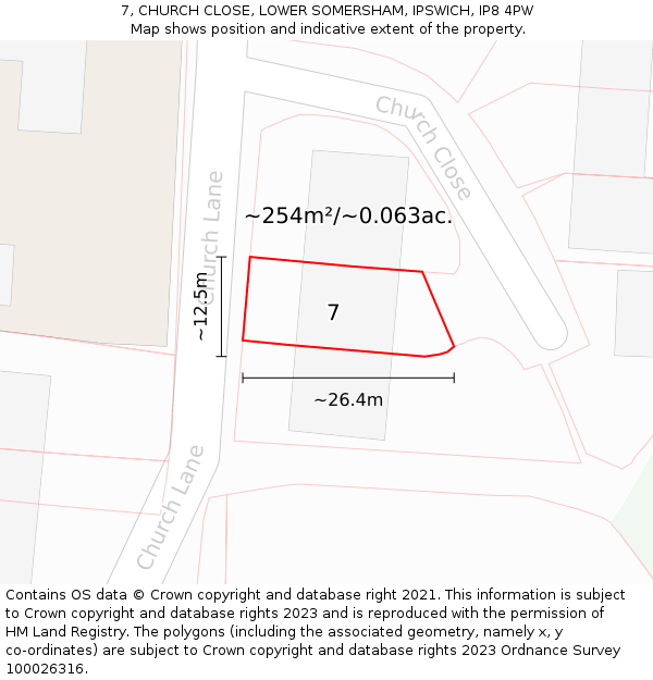 7, CHURCH CLOSE, LOWER SOMERSHAM, IPSWICH, IP8 4PW: Plot and title map