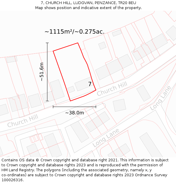 7, CHURCH HILL, LUDGVAN, PENZANCE, TR20 8EU: Plot and title map