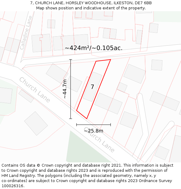 7, CHURCH LANE, HORSLEY WOODHOUSE, ILKESTON, DE7 6BB: Plot and title map