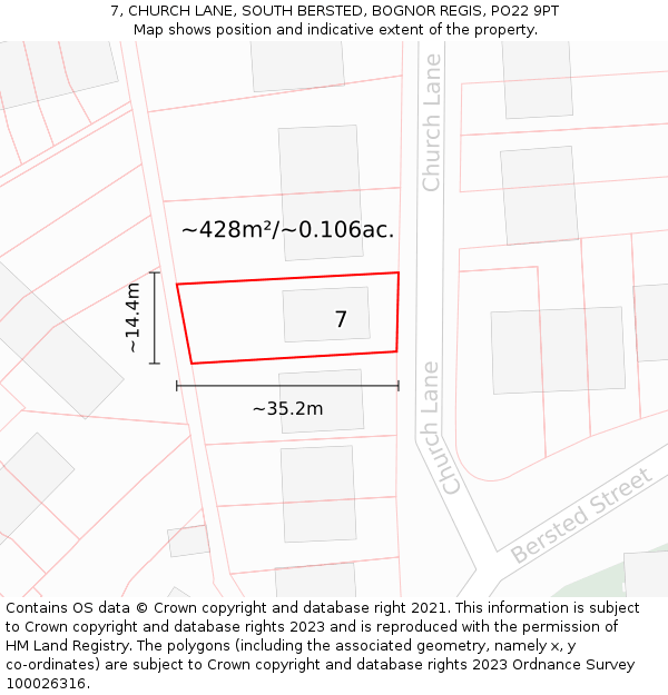 7, CHURCH LANE, SOUTH BERSTED, BOGNOR REGIS, PO22 9PT: Plot and title map