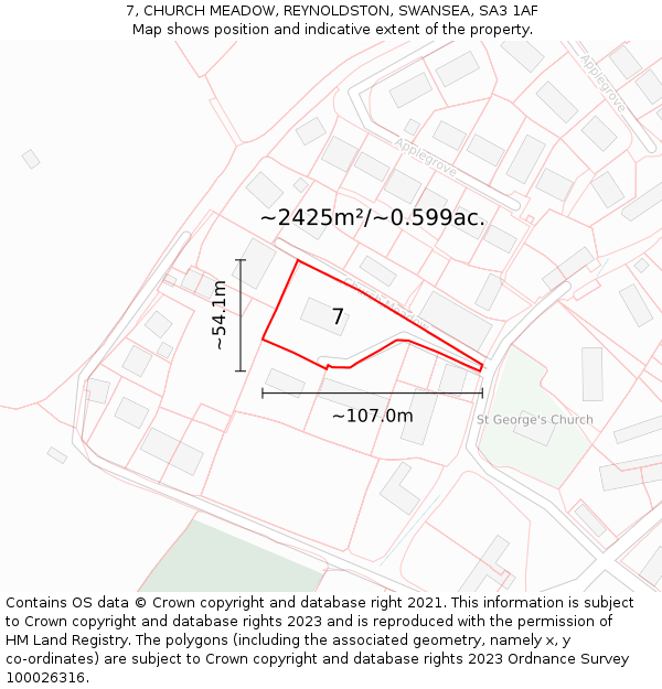 7, CHURCH MEADOW, REYNOLDSTON, SWANSEA, SA3 1AF: Plot and title map