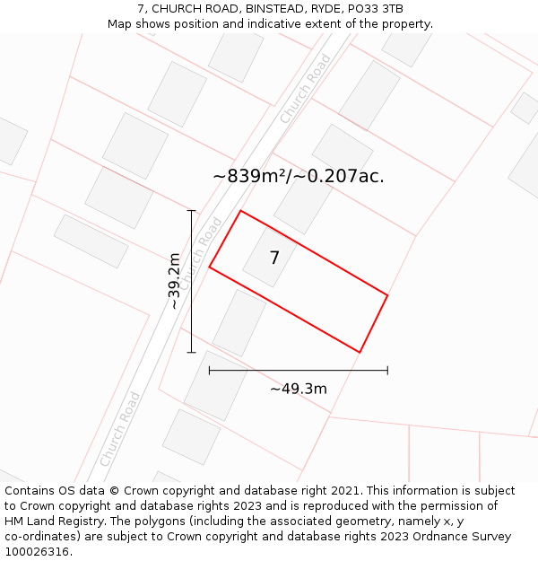 7, CHURCH ROAD, BINSTEAD, RYDE, PO33 3TB: Plot and title map