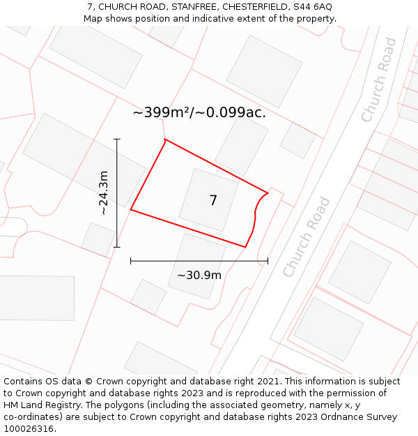 7, CHURCH ROAD, STANFREE, CHESTERFIELD, S44 6AQ: Plot and title map