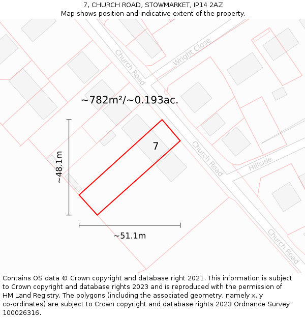 7, CHURCH ROAD, STOWMARKET, IP14 2AZ: Plot and title map