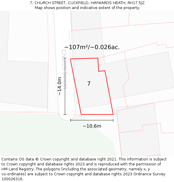 7, CHURCH STREET, CUCKFIELD, HAYWARDS HEATH, RH17 5JZ: Plot and title map