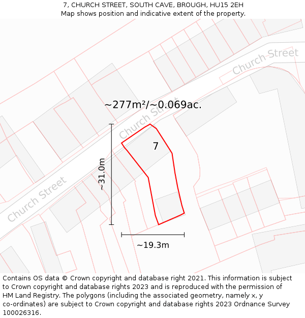 7, CHURCH STREET, SOUTH CAVE, BROUGH, HU15 2EH: Plot and title map