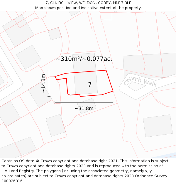 7, CHURCH VIEW, WELDON, CORBY, NN17 3LF: Plot and title map