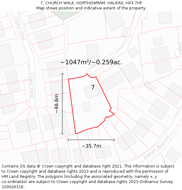 7, CHURCH WALK, NORTHOWRAM, HALIFAX, HX3 7HF: Plot and title map